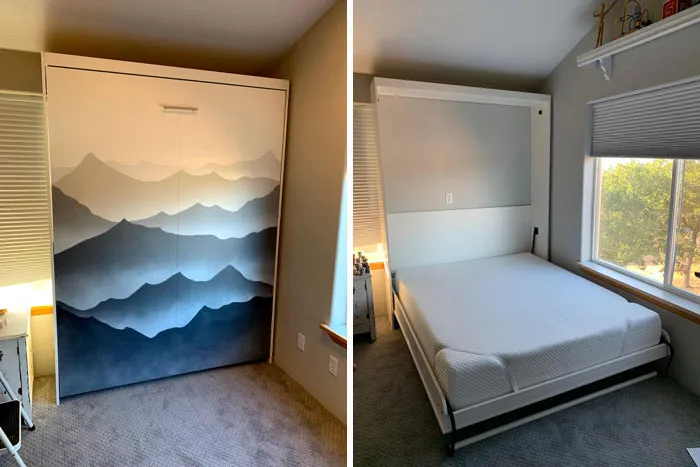 Stylish home decoration with a foldable bed, mountain mural design, enhancing bedroom aesthetics.