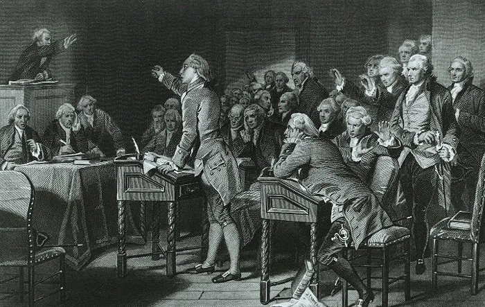 Portrait of Patrick Henry speaking in court