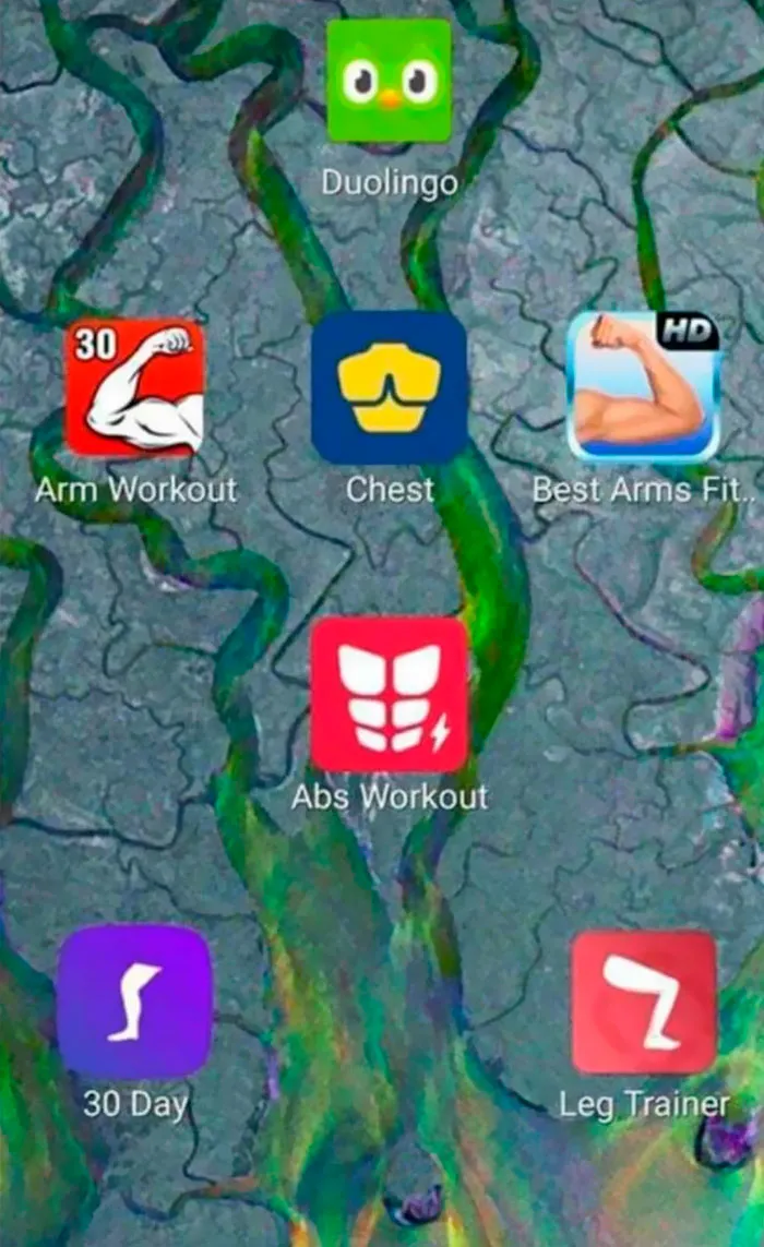 Unbelievable images of workout apps and Duolingo icon on a colorful background.