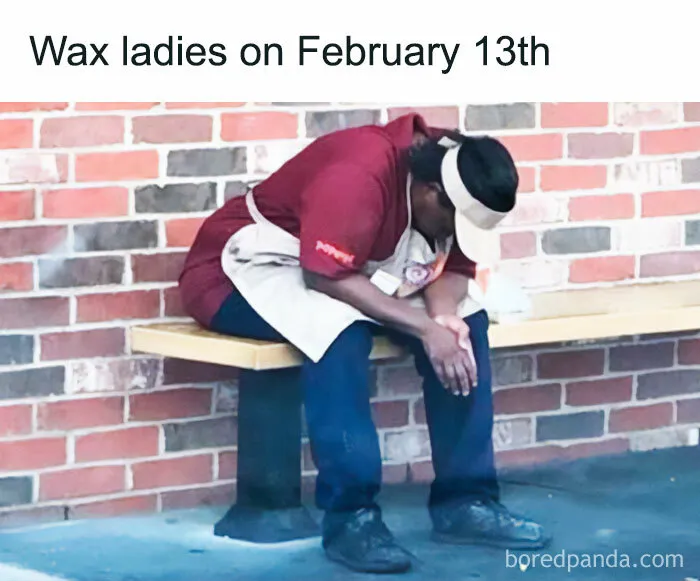 Wax technician wearing a visor and apron naps on a bench, humorously capturing a spicy memes moment about busy workdays.