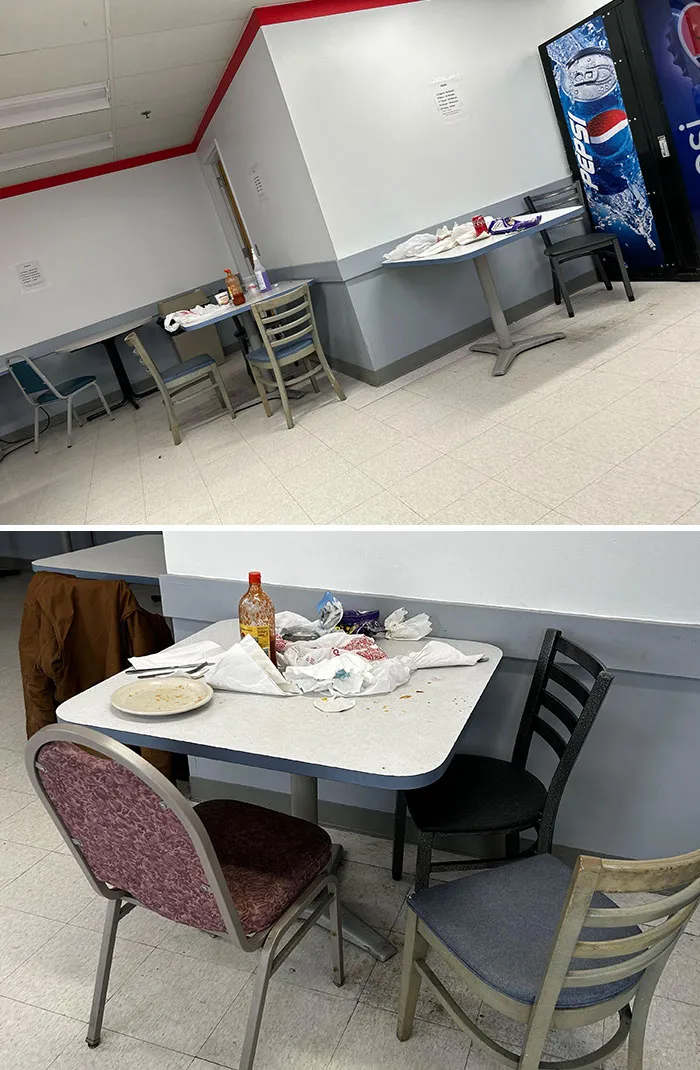 The Mess I Watched My Coworkers Left. To Those Of You That Say I Should Have Cleaned It Up, I Am Not Cleaning Someone’s Mess On My 20-Minute Break