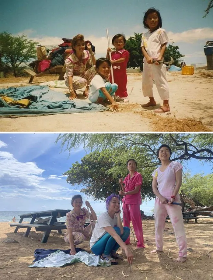 Mis hermanas y yo recreamos una foto en la misma playa de Hawai (1991-2022)