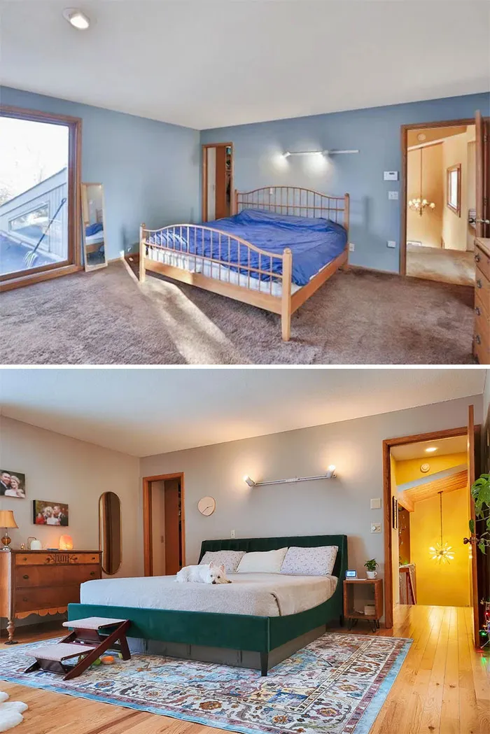 Cozy home renovations of a bedroom, featuring a new bed, rug, and warm lighting for a refreshed look.