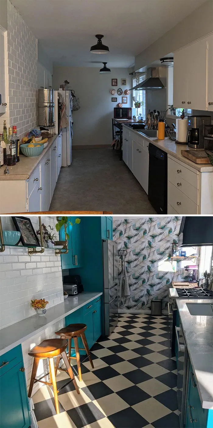 Impressive home renovations revitalizing a narrow kitchen with updated cabinetry, wallpaper, and checkered floors.