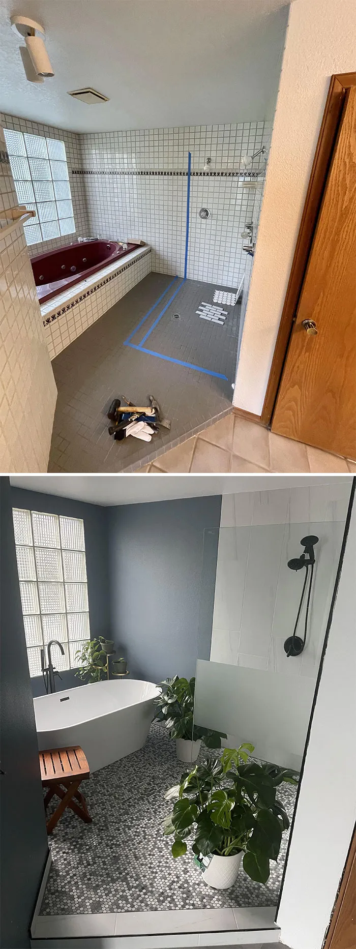 Dramatic home renovations transforming a bathroom from outdated tile to a modern oasis with a freestanding tub.