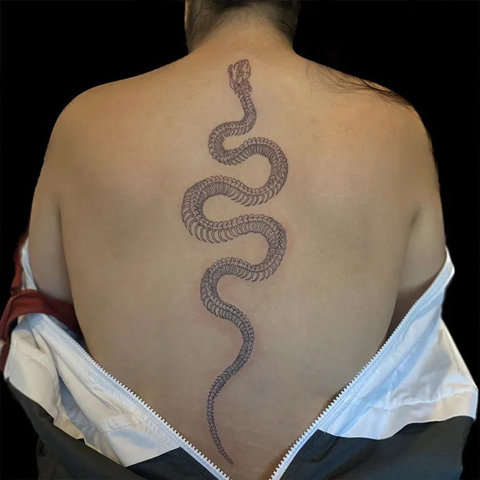 Snake design spine tattoo on a person's back, showcasing beautiful spine tattoos.