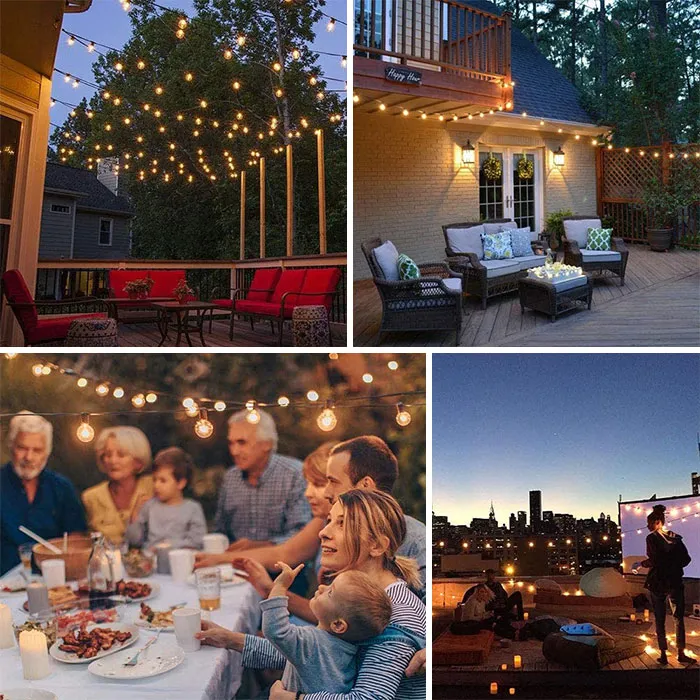 People dinging on the patio with the string lights 