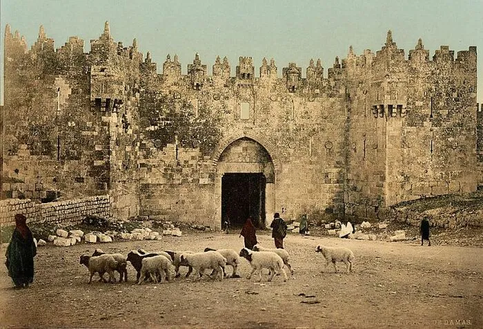 Puerta de Damasco, una de las principales puertas de la Ciudad Vieja de Jerusalén. Imperio Otomano, 1890
