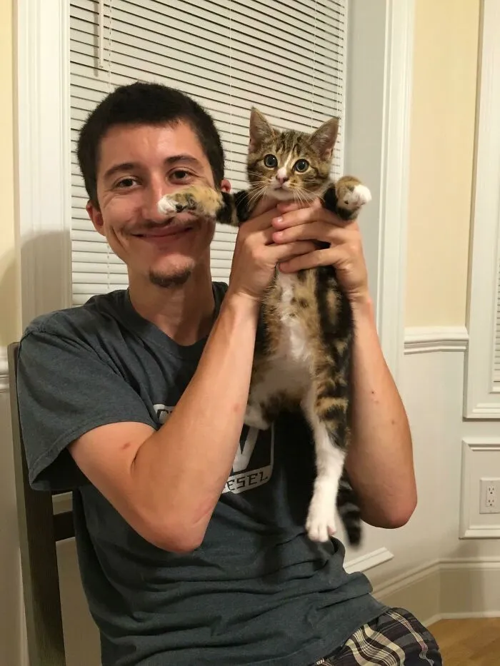 Man holding one of the cutest cats ever with a playful expression in a cozy indoor setting.