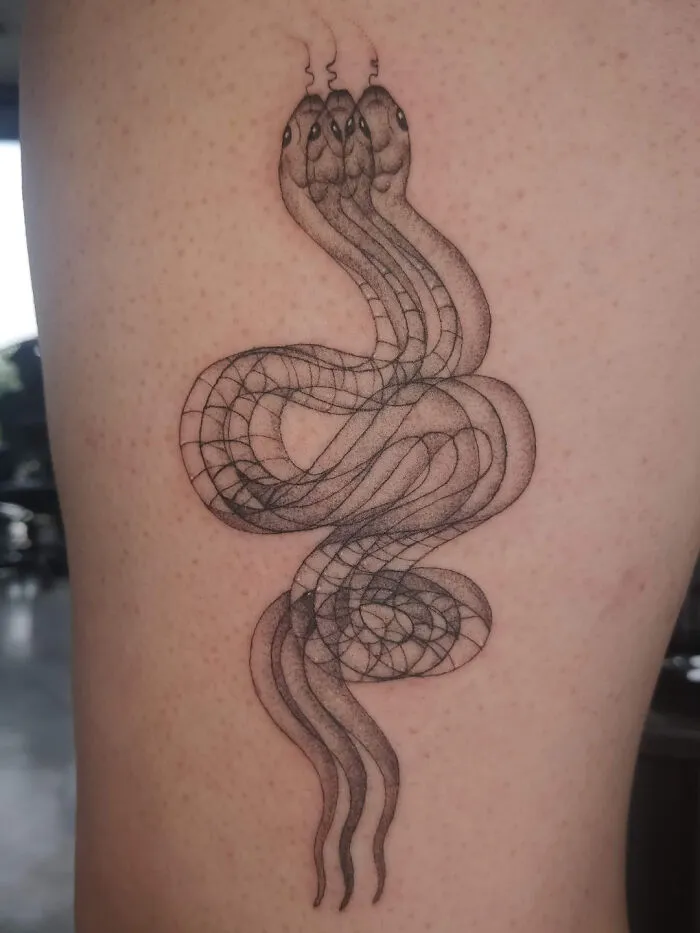 Optical illusion tattoo of intertwined snakes on skin, showcasing mind-bending design.