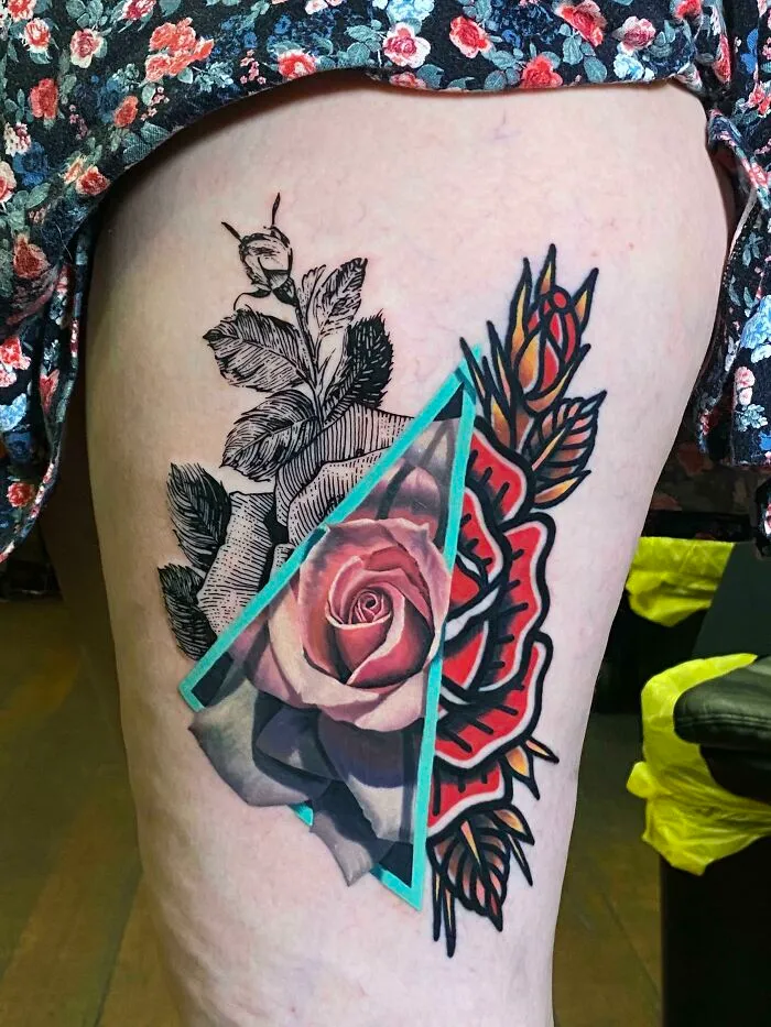 Optical illusion tattoo with floral and geometric patterns creating a mind-bending design.