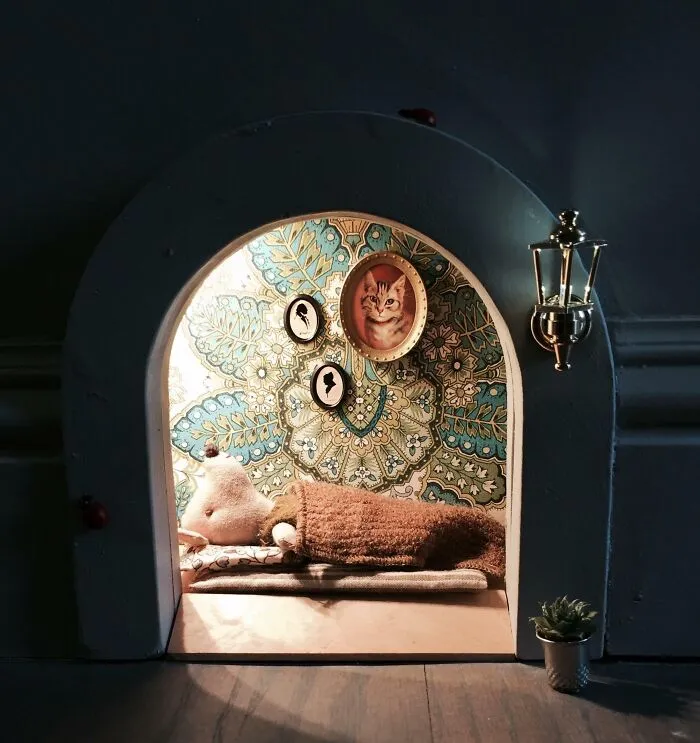The Mouse Hole We Put In The Wall When We Gutted Our House. The Light Inside Is Motion Activated And The Wallpaper Is Vintage And From A Flea Market In England