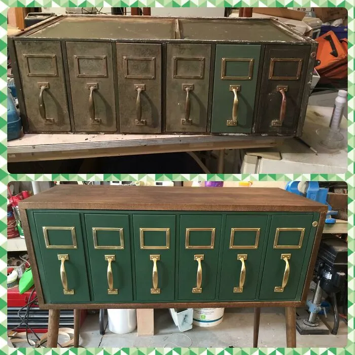 Lo sacamos de un montón de basura. Era una parte de un archivador militar. Una limpieza a fondo, pintura y un poco de brillo seguido por el envoltorio de madera de mi pila de desechos. Le añadí unas patas y ¡listo!