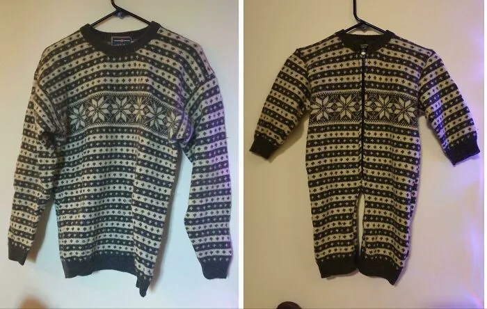 Suéter no usado desde 1996 y una cremallera de un bolso viejo = mameluco de lana para mi hijo