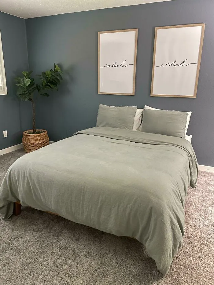 Grey bedroom with a plant in the corner 