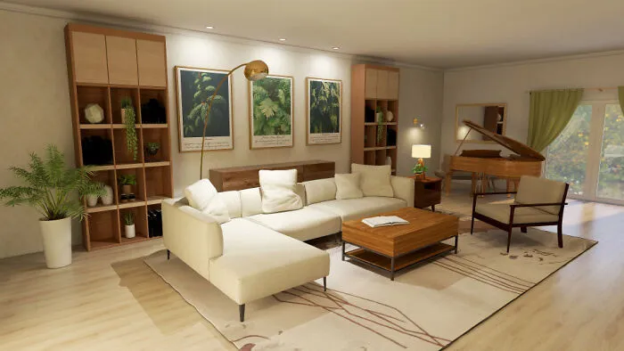 White couch next to a wooden coffee table and piano 