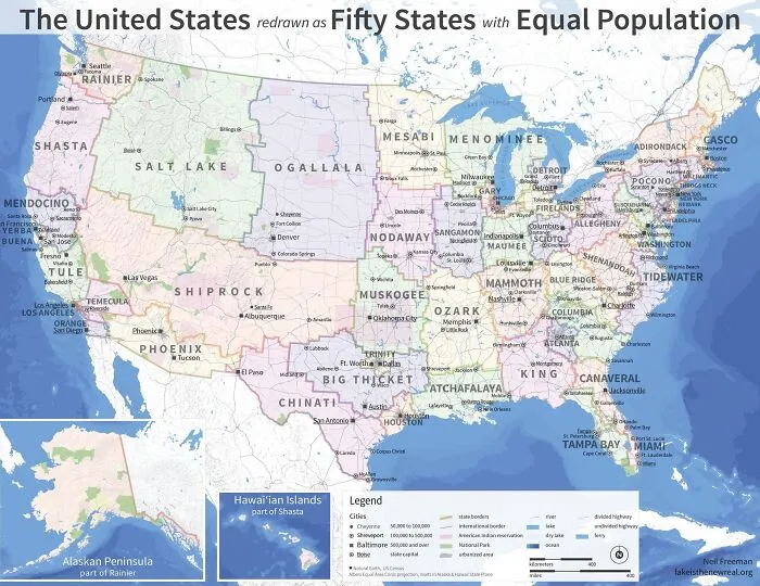 The U.S. Map Redrawn As 50 States With Equal Population