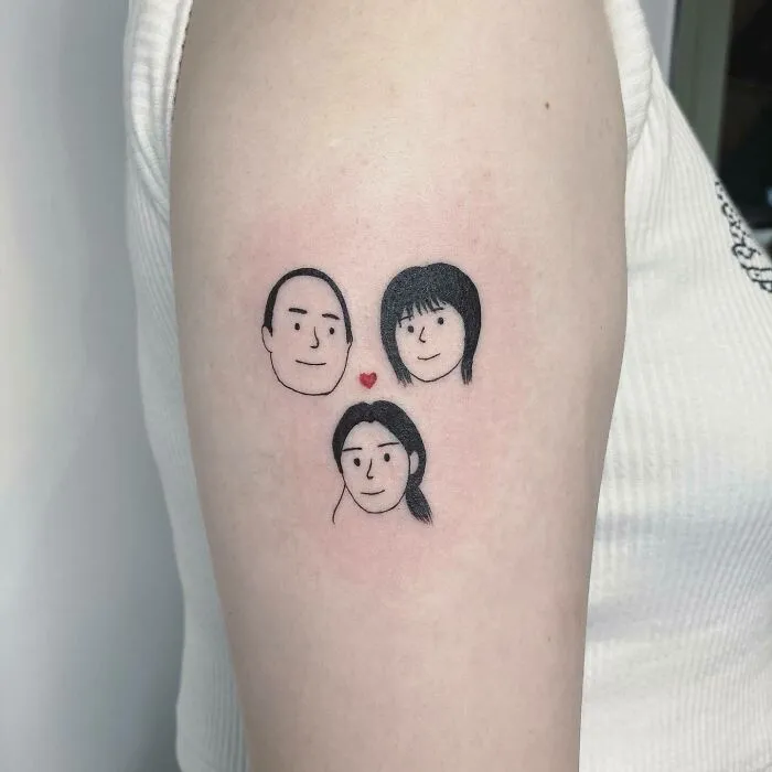 Minimalist family tattoo featuring three faces and a small heart, symbolizing unbreakable bonds.