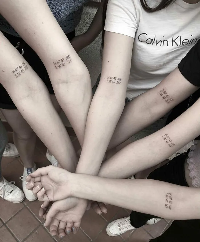 Arms with matching coordinate tattoos symbolizing unbreakable family bonds.