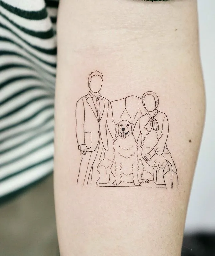 Minimalist family tattoo design with two figures and a dog, symbolizing unbreakable bonds.