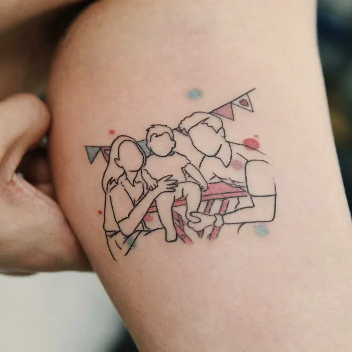 Family tattoo depicting parents and child, with abstract design elements symbolizing unbreakable bonds.