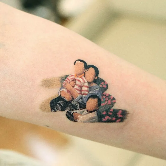 Tattoo of a family portrait on an arm, symbolizing unbreakable bonds.