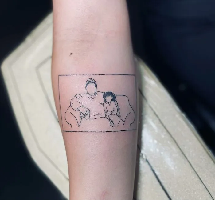 Line art family tattoo on forearm depicting two people sitting together, symbolizing unbreakable bonds.