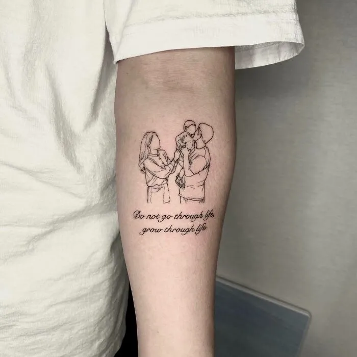 Family tattoo featuring a couple holding a baby, symbolizing unbreakable bonds with a quote about growth.