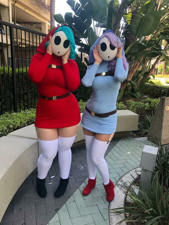 Person cosplaying Shy Guys from Super Mario Glitchy 4