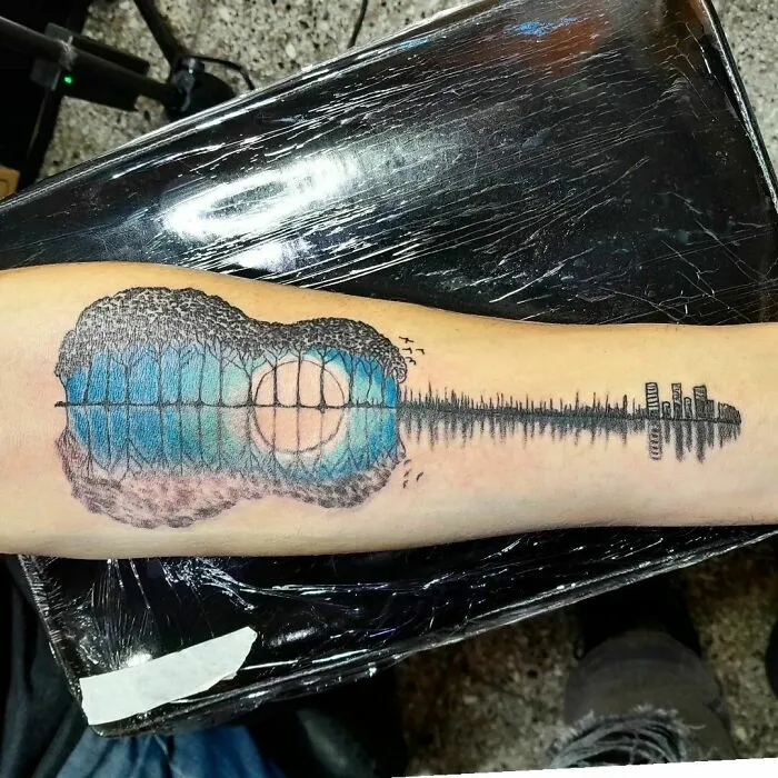 Blue Guitar And Nature Tattoo