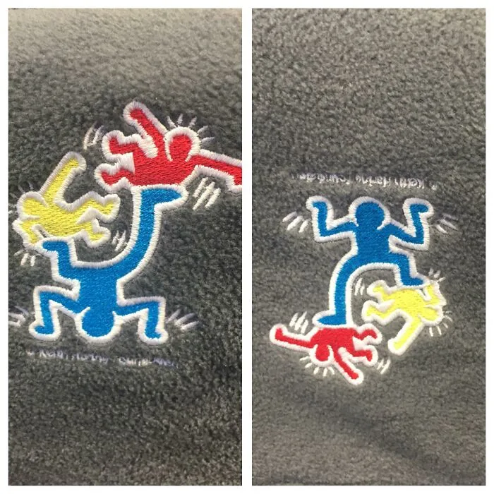 El logo de un hospital de niños. Al derecho, se ve como un hombre que hace malabarismo o juega con niños. Al revés, parece un hombre enojado que pisa pequeños