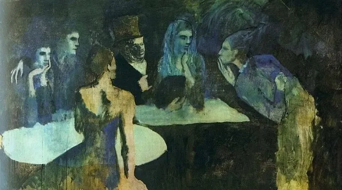 The Marriage Of Pierrette by Pablo Picasso, 1905, oil painting that depicts a meeting of married couples