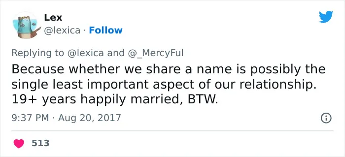"I'd Really Like To Hear The Reasoning Behind Women Who Won't Take Their Husband's Last Name" (28 Answers)
