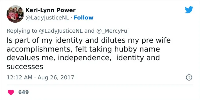 "I'd Really Like To Hear The Reasoning Behind Women Who Won't Take Their Husband's Last Name" (28 Answers)