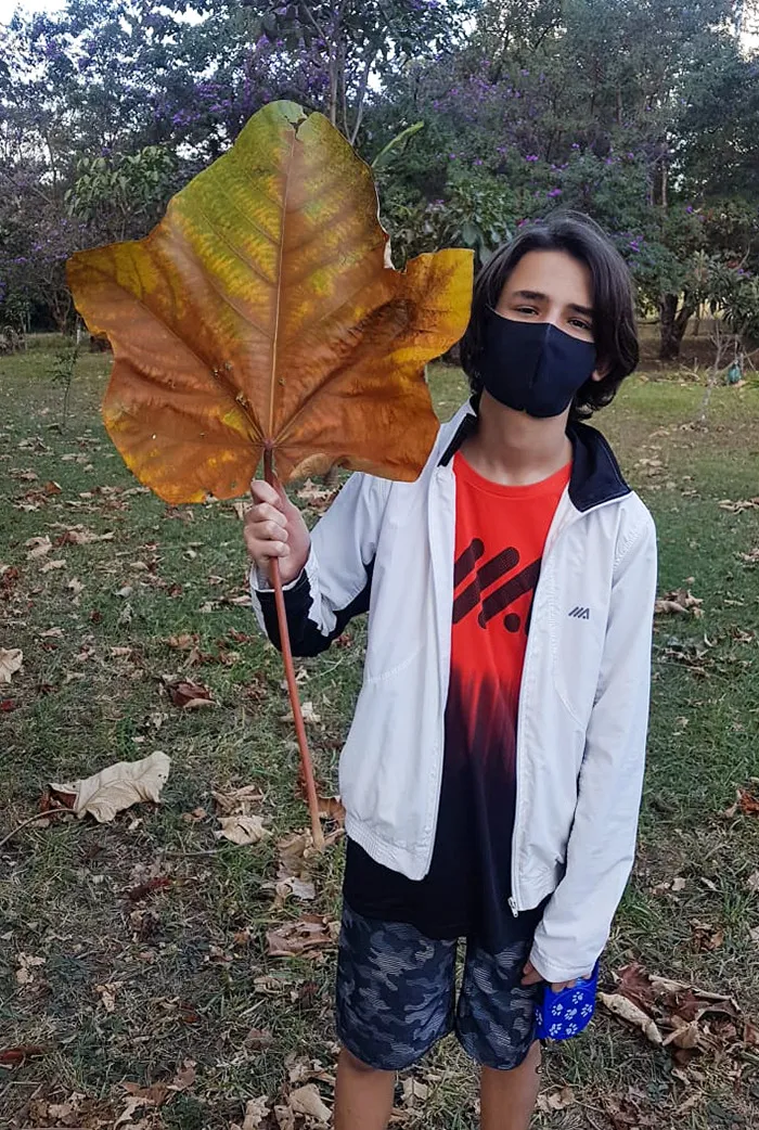 El tamaño de esta hoja que encontré en el parque. Estoy yo en la foto para que se vea el tamaño 