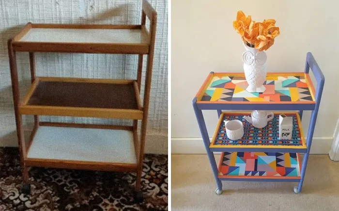 Un carrito de té retro de Facebook Marketplace renovado con pintura y tela