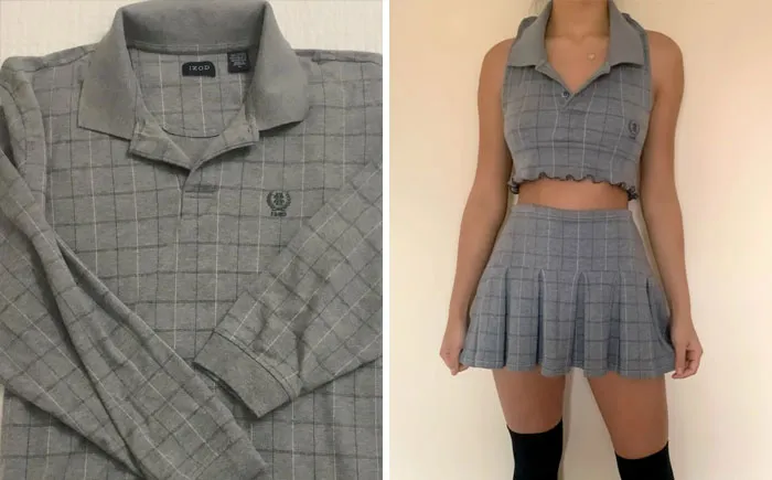 Transformé un polo de hombre de segunda mano en un conjunto de dos piezas. Yo misma diseñé el patrón. La minifalda tiene canesú, pliegues y cintura elástica. Mantuve el cuello en la parte superior y lo convertí en un halter con un dobladillo de lechuga. Todo está cosido con una overlock y terminado con una aguja doble