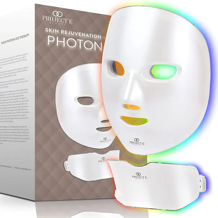 LED face and neck mask near the package