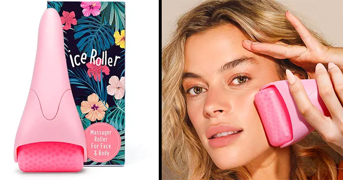 a pink ice roller for the skin and woman touching her face with an ice roller