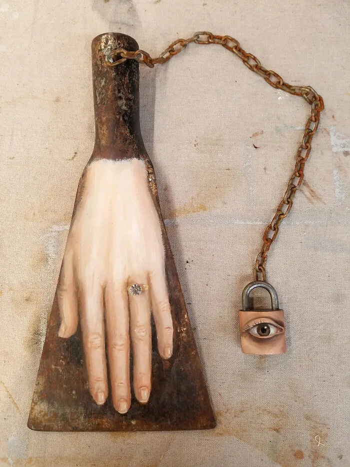 "The Engagement" Oil On Vintage Shovel, Lock
