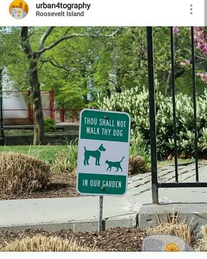 Funny sign on Roosevelt Island reads "Thou shall not walk thy dog in our garden," surrounded by trees and shrubbery.