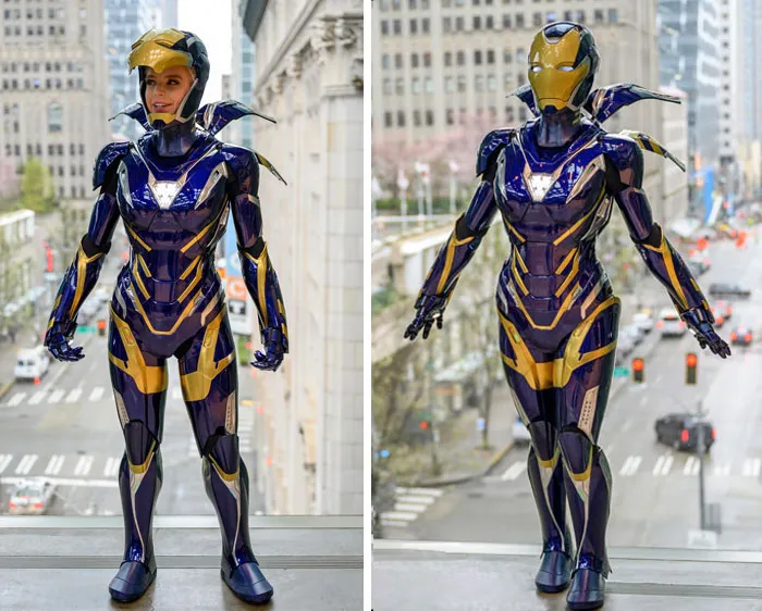 Person cosplaying Pepper Potts' Mk49 with rescue armor