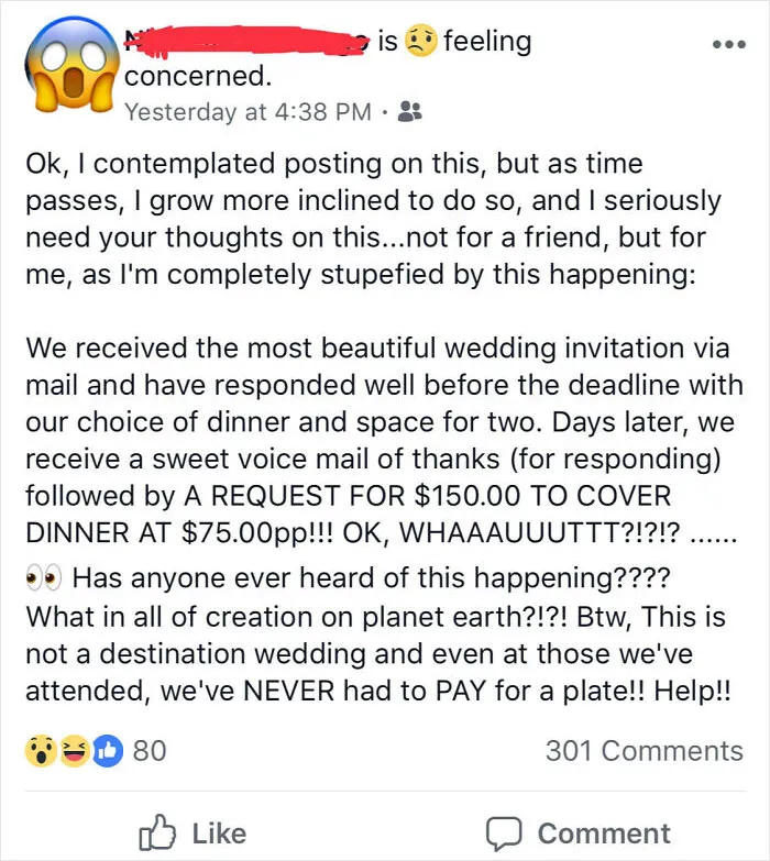 Bride Gets Rsvps From Wedding Guests And Only After The Fact Tells Everyone Who Said They Were Coming That They Need To Pay $75 Per Plate
