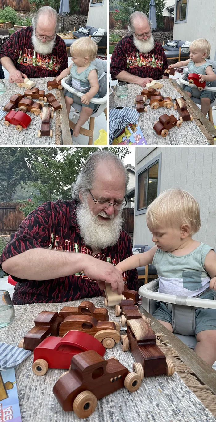 My Dad Kept Asking To Come Over After He Missed My Son's First Birthday Party Because Of Covid. Turns Out He Made Him 8 Custom Wooden Toy Cars