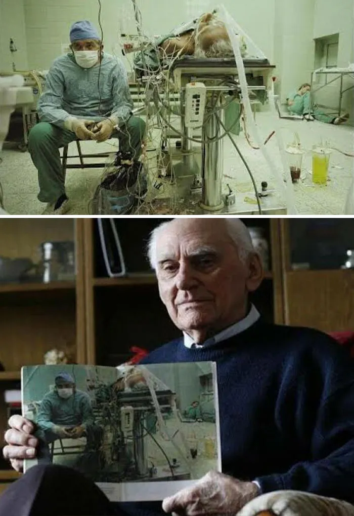 Imagen del Dr. Religa controlando las constantes vitales de su paciente tras un trasplante de corazón de 23 horas de duración. En la parte inferior hay una foto del mismo paciente, 30 años después. Consiguió sobrevivir a su médico