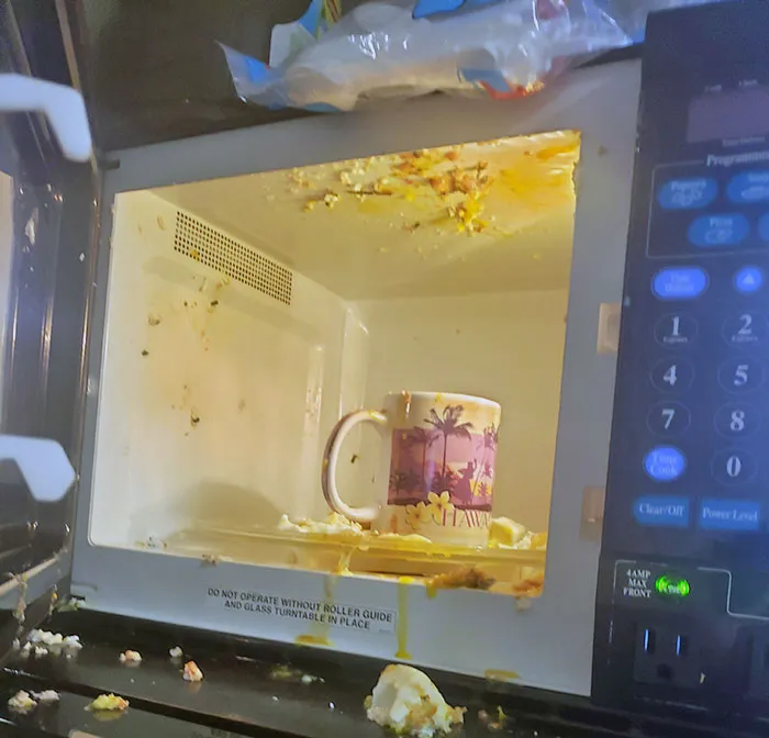 Was Cooking Sunnyside Eggs In A Cup In The Microwave But It Exploded All Over My Shirt And Hand As I Grabbed The Handle