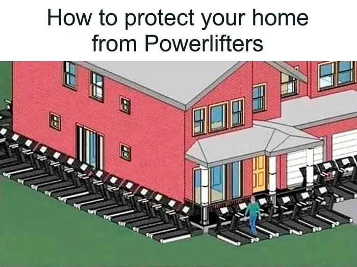 Cartoon of a house surrounded by treadmills with a person walking, humor relating to gym memes.