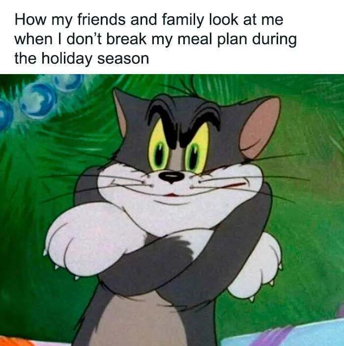 Cartoon cat with arms crossed, caption about family reactions when sticking to a meal plan during holidays; gym meme humor.