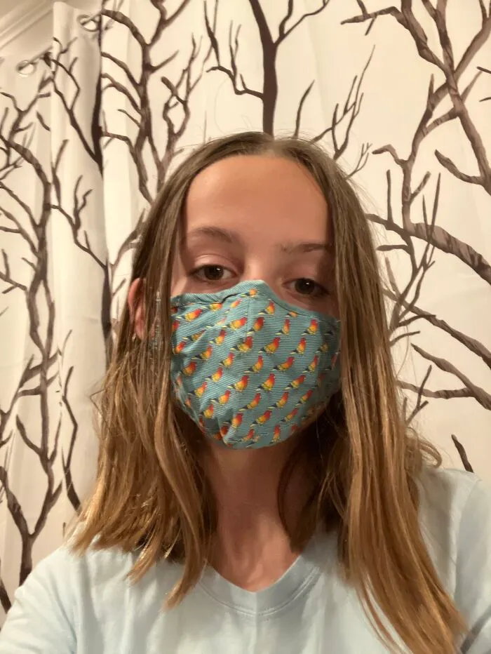 No Fancy Face Blurring For Me! Just A Turquoise Parrot Covered Quarantine Monstrosity!