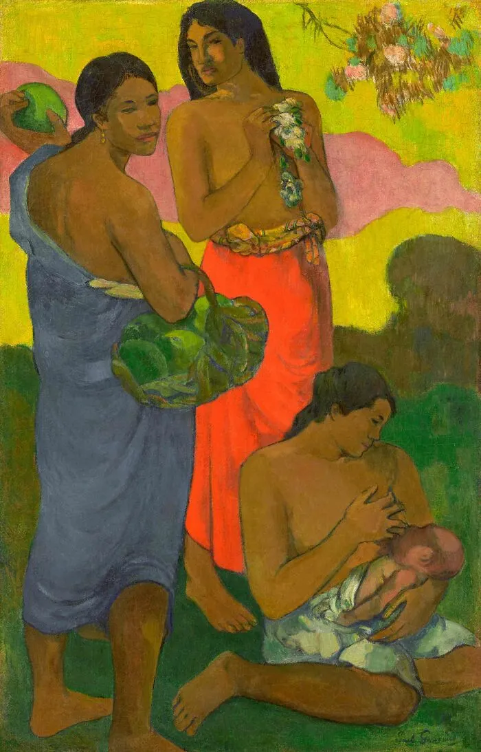 Maternity II by Paul Gauguin, 1899, oil painting features three young woman